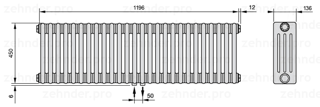 Схема (чертеж) Радиатор Zehnder Charleston 4045/26 №3470 Белый глянцевый RAL 9016